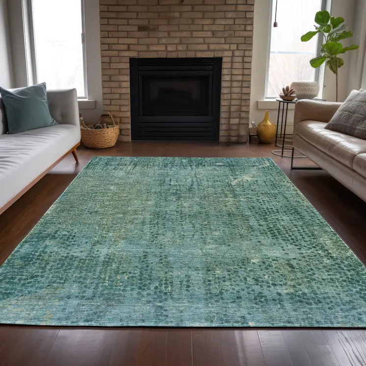 9' X 12' Teal Blue And Ivory Abstract Washable Indoor Outdoor Area Rug