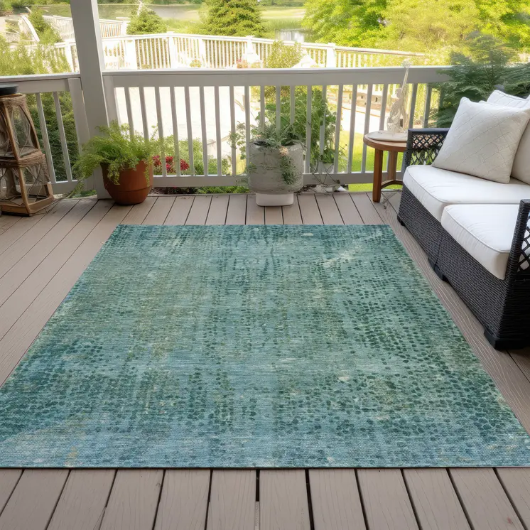 9' X 12' Teal Blue And Ivory Abstract Washable Indoor Outdoor Area Rug