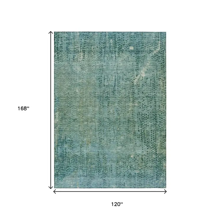 10' X 14' Teal Blue And Ivory Abstract Washable Indoor Outdoor Area Rug