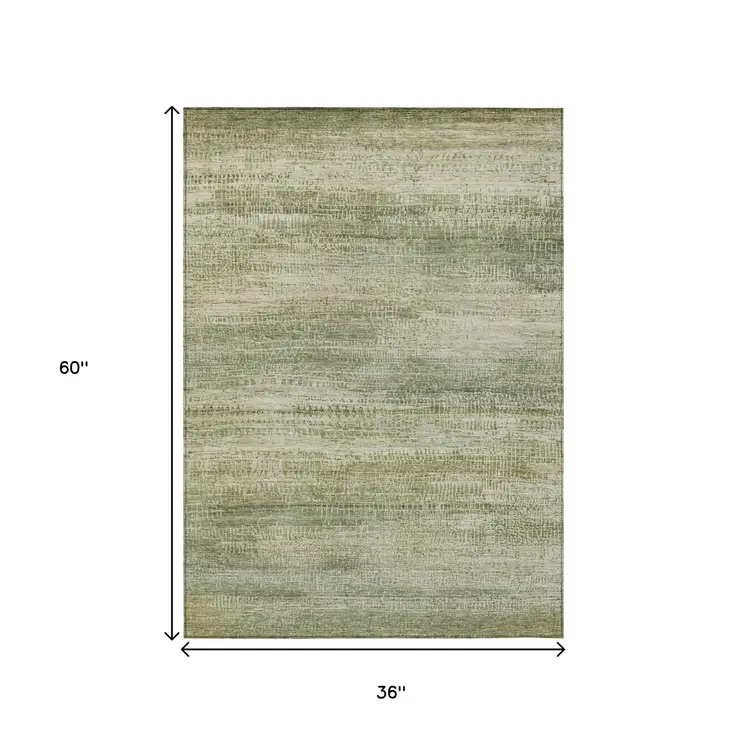 3' X 5' Artichoke Green And Beige Abstract Washable Indoor Outdoor Area Rug