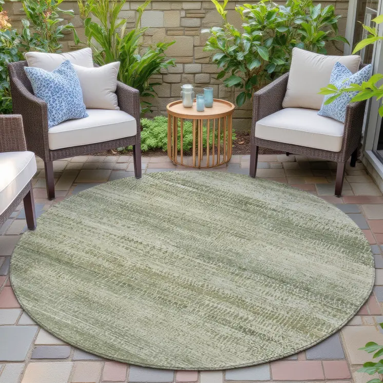 8' Artichoke Green And Beige Round Abstract Washable Indoor Outdoor Area Rug