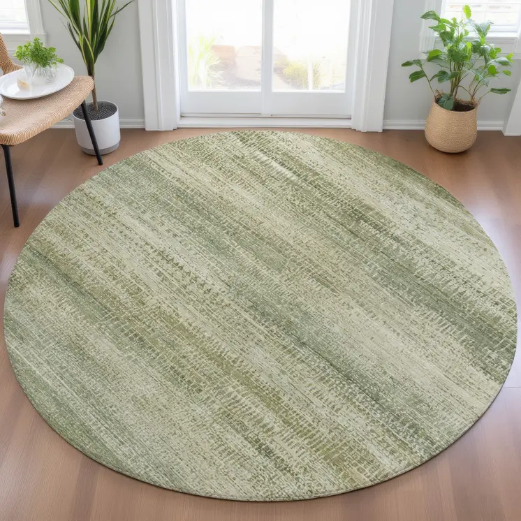 8' Artichoke Green And Beige Round Abstract Washable Indoor Outdoor Area Rug