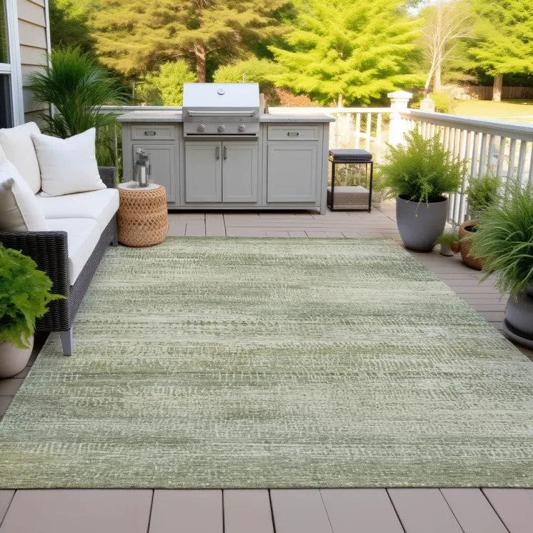 8' X 10' Artichoke Green And Beige Abstract Washable Indoor Outdoor Area Rug