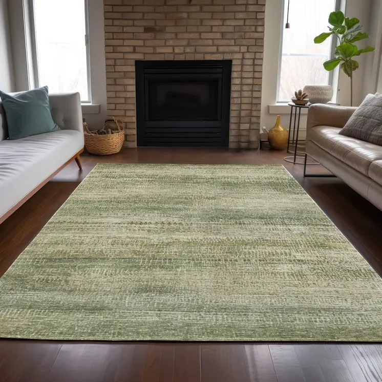 8' X 10' Artichoke Green And Beige Abstract Washable Indoor Outdoor Area Rug