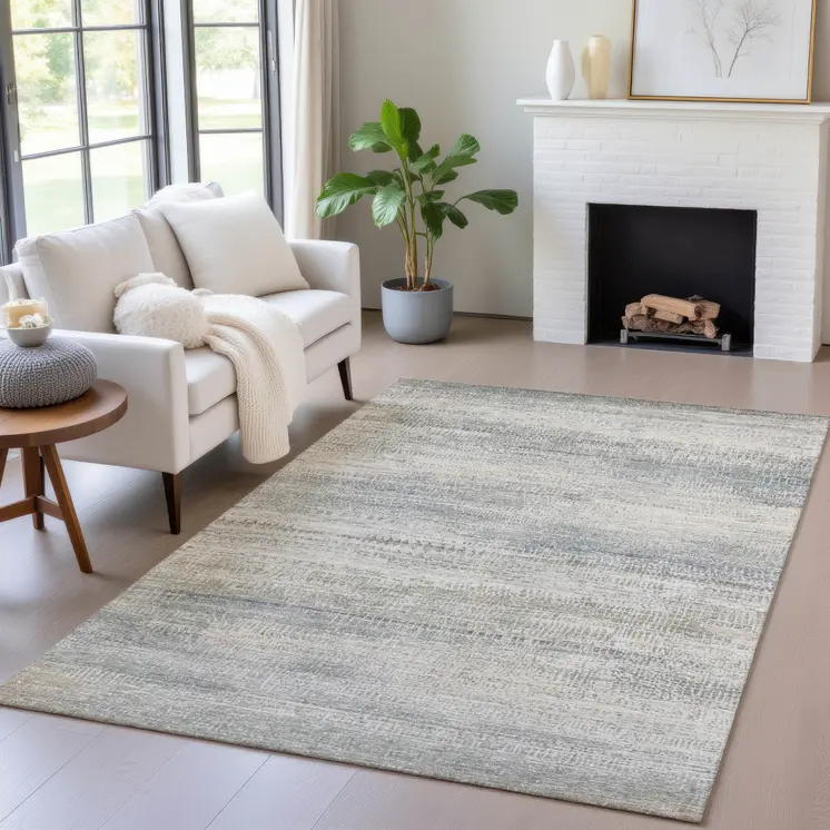 9' X 12' Linen And Beige Abstract Washable Indoor Outdoor Area Rug