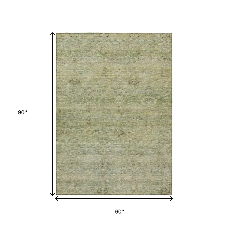 5' X 8' Green And Gold Oriental Washable Indoor Outdoor Area Rug
