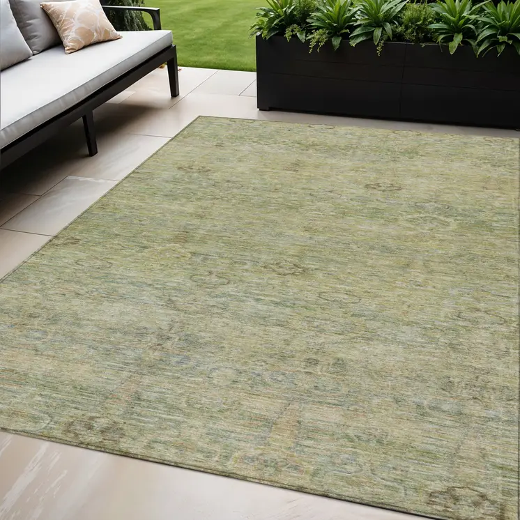 5' X 8' Green And Gold Oriental Washable Indoor Outdoor Area Rug
