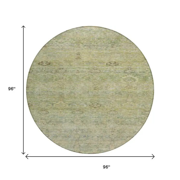 8' Green And Gold Round Oriental Washable Indoor Outdoor Area Rug