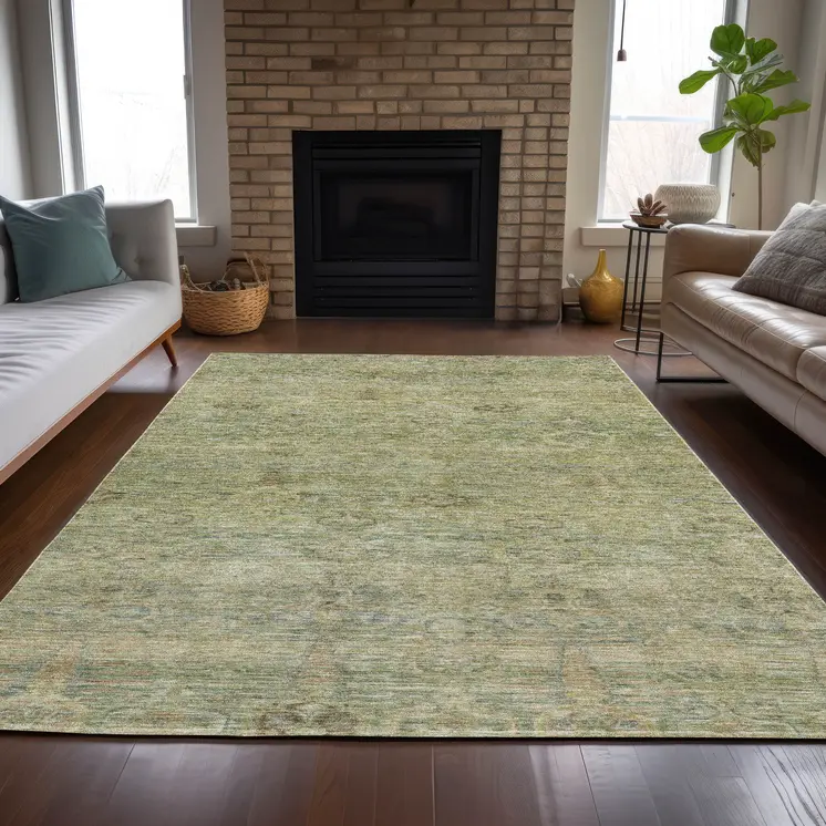 10' X 14' Green And Gold Oriental Washable Indoor Outdoor Area Rug
