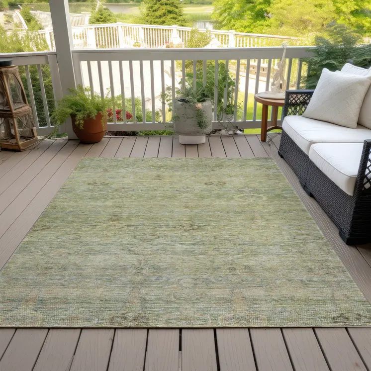 10' X 14' Green And Gold Oriental Washable Indoor Outdoor Area Rug