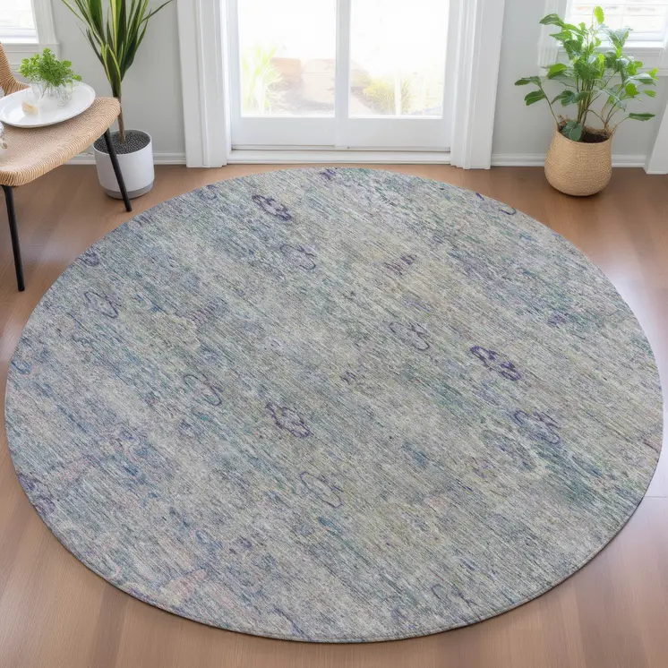 8' Plum And Silver Round Oriental Washable Indoor Outdoor Area Rug