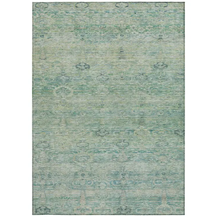 3' X 5' Teal Blue And Linen Oriental Washable Indoor Outdoor Area Rug