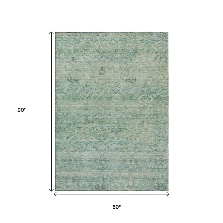 5' X 8' Teal Blue And Linen Oriental Washable Indoor Outdoor Area Rug