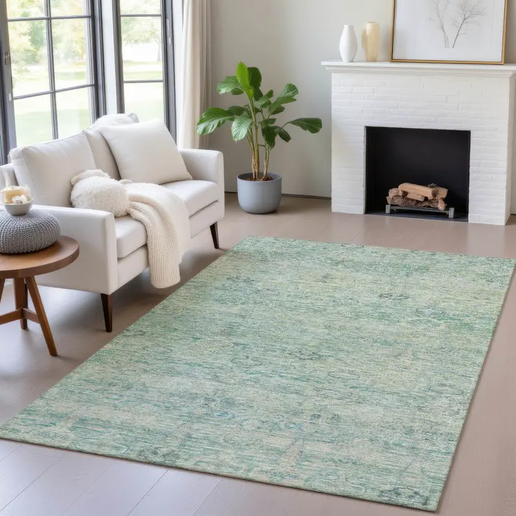 8' X 10' Teal Blue And Linen Oriental Washable Indoor Outdoor Area Rug