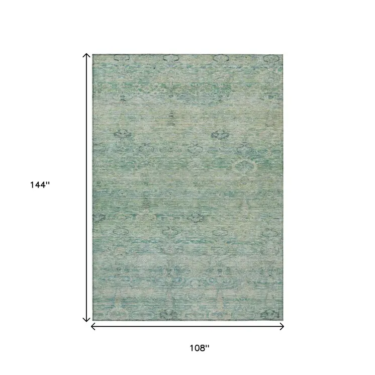 9' X 12' Teal Blue And Linen Oriental Washable Indoor Outdoor Area Rug