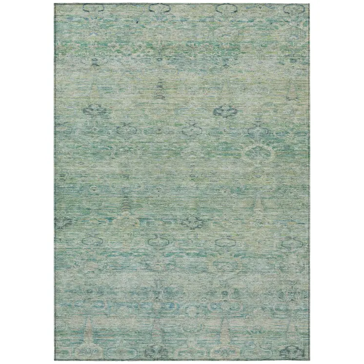 10' X 14' Teal Blue And Linen Oriental Washable Indoor Outdoor Area Rug
