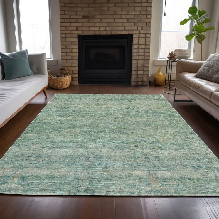 10' X 14' Teal Blue And Linen Oriental Washable Indoor Outdoor Area Rug