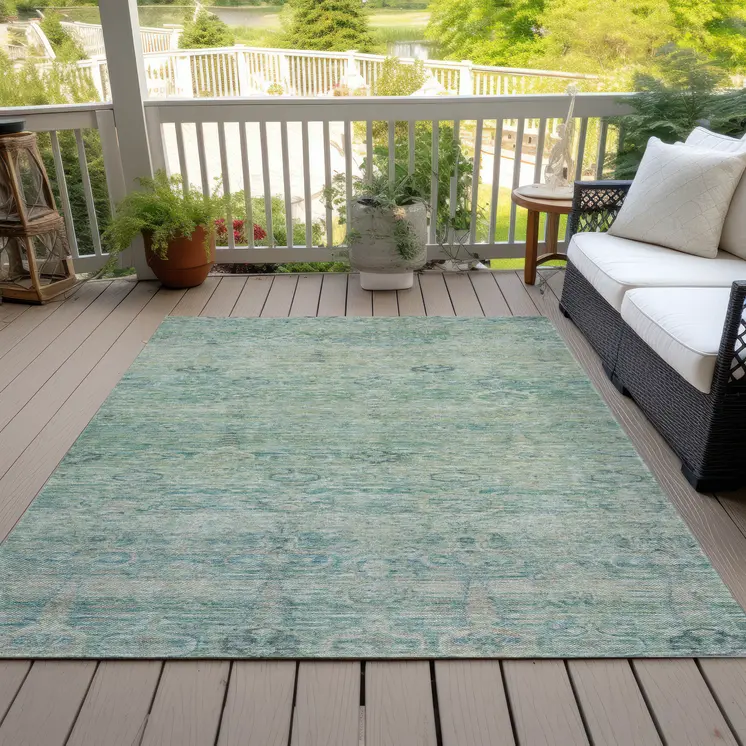10' X 14' Teal Blue And Linen Oriental Washable Indoor Outdoor Area Rug