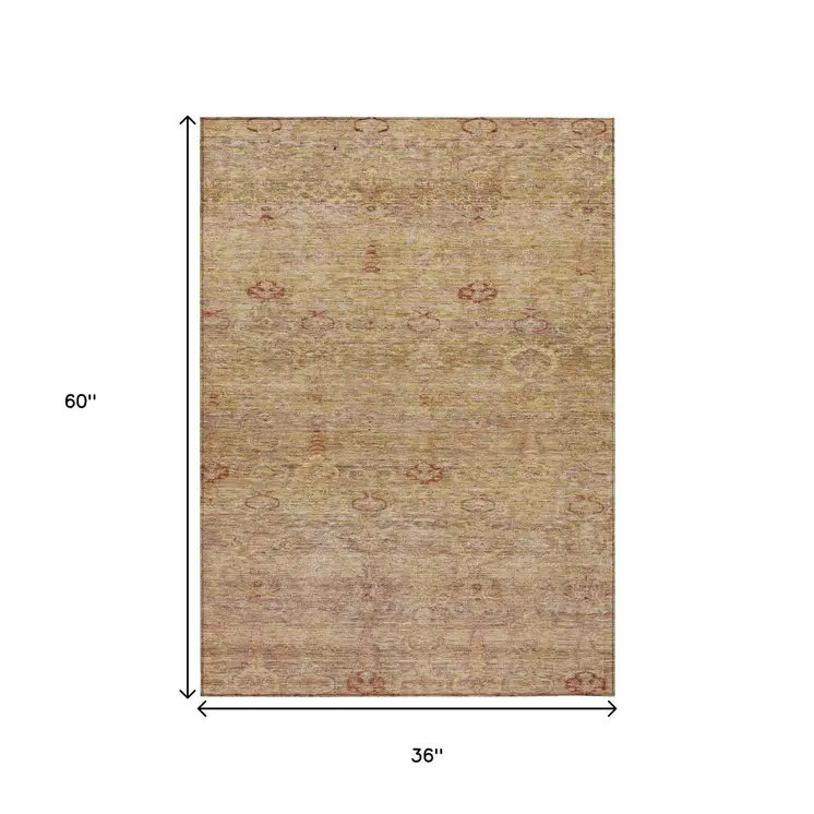 3' X 5' Coral And Copper Oriental Washable Indoor Outdoor Area Rug