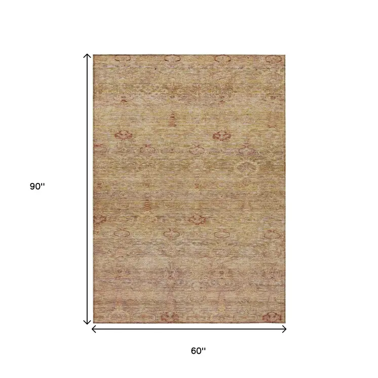 5' X 8' Coral And Copper Oriental Washable Indoor Outdoor Area Rug