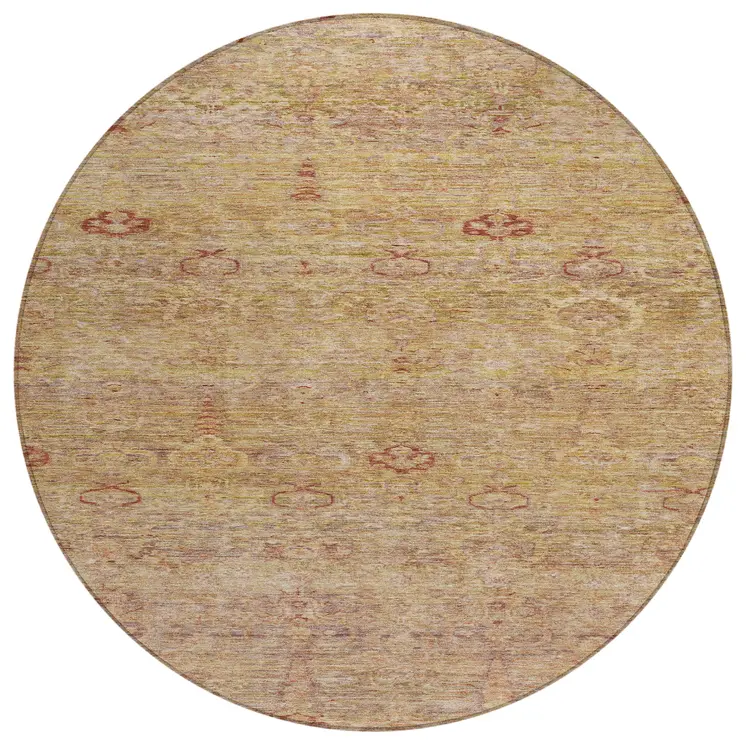 8' Coral And Copper Round Oriental Washable Indoor Outdoor Area Rug