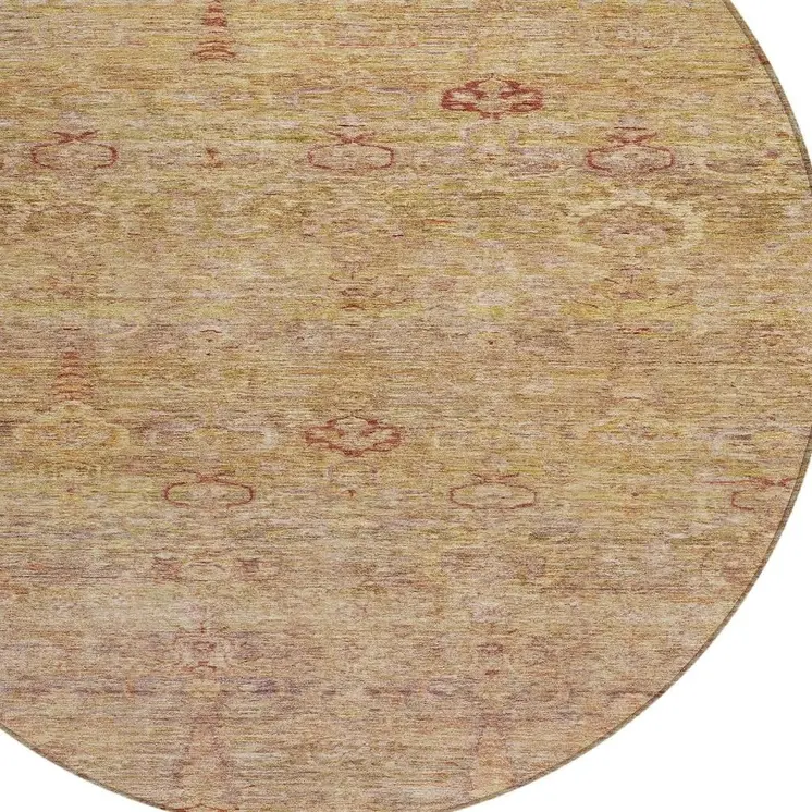 8' Coral And Copper Round Oriental Washable Indoor Outdoor Area Rug