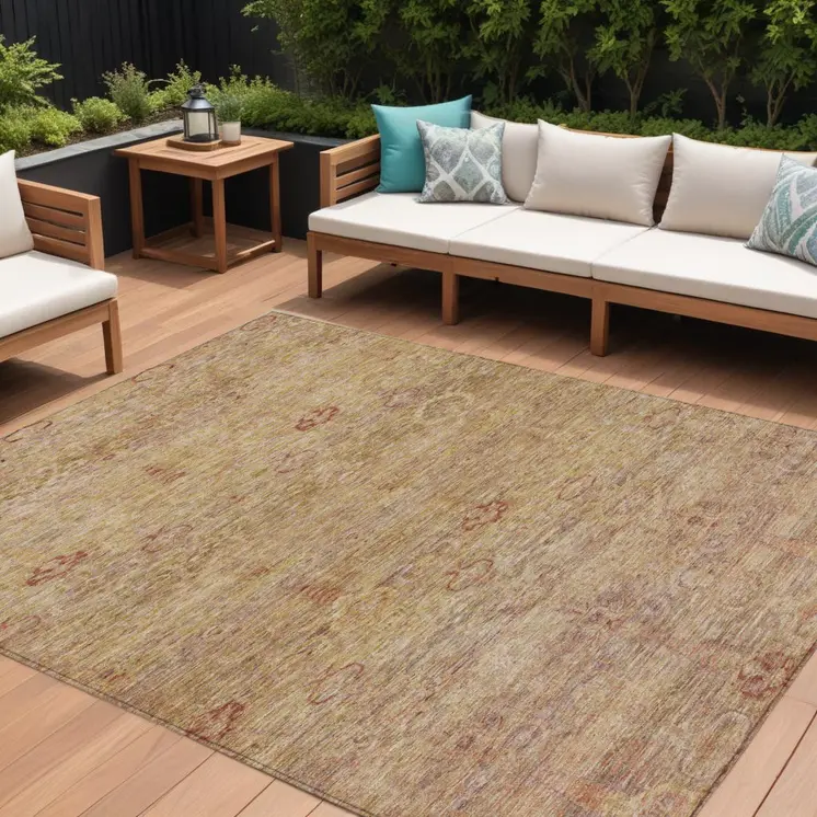 9' X 12' Coral And Copper Oriental Washable Indoor Outdoor Area Rug