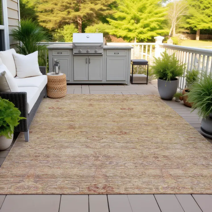 9' X 12' Coral And Copper Oriental Washable Indoor Outdoor Area Rug