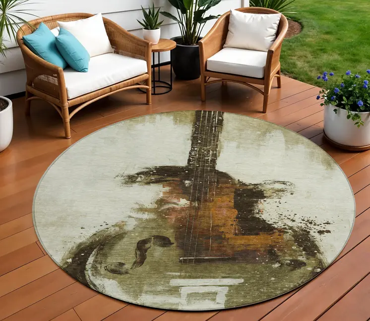 8' Brown Copper And Charcoal Round Abstract Washable Indoor Outdoor Area Rug