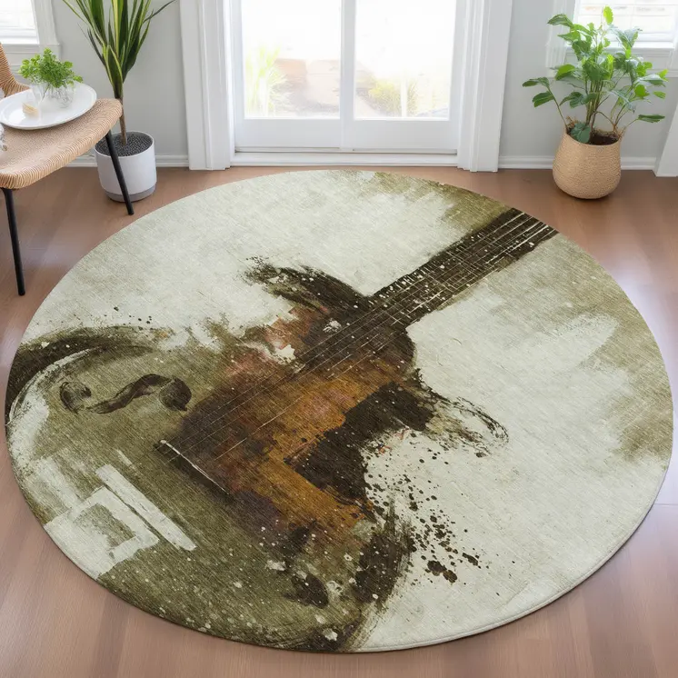 8' Brown Copper And Charcoal Round Abstract Washable Indoor Outdoor Area Rug
