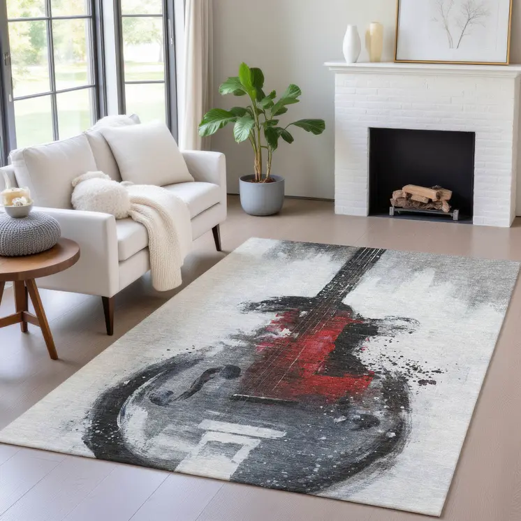 5' X 8' Gray Charcoal And Red Abstract Washable Indoor Outdoor Area Rug