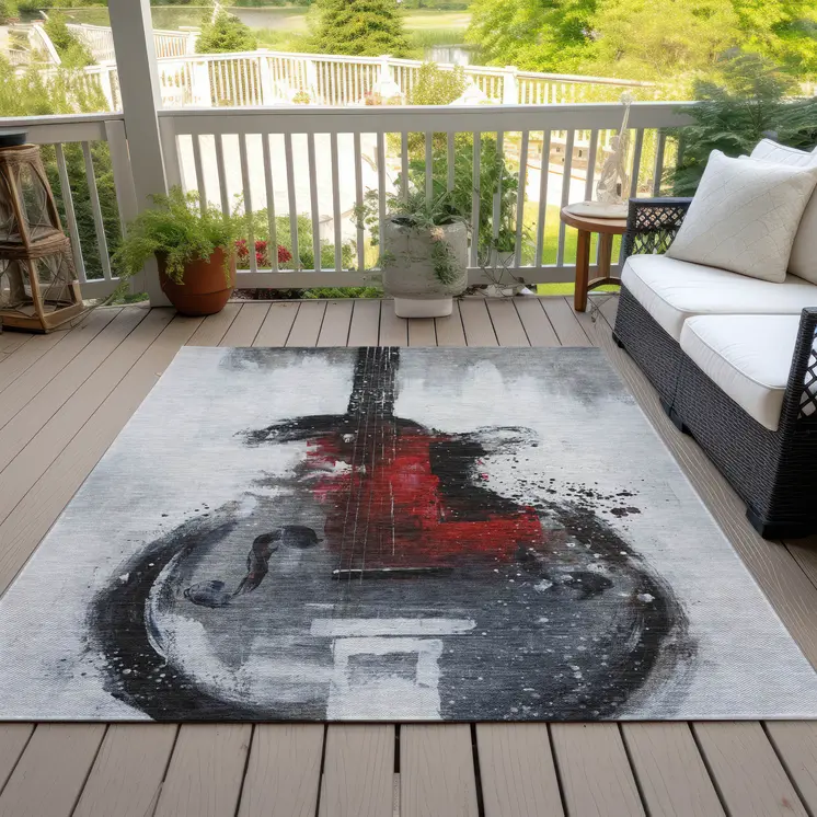 5' X 8' Gray Charcoal And Red Abstract Washable Indoor Outdoor Area Rug
