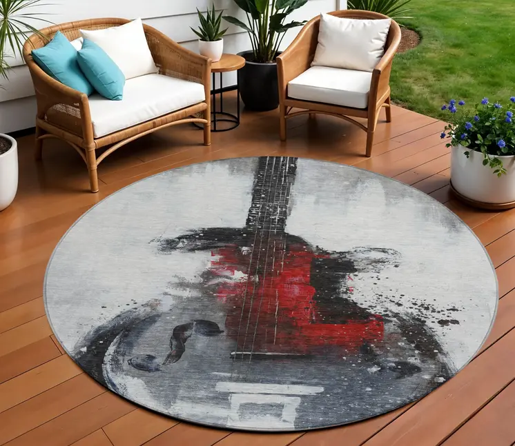 8' Gray Charcoal And Red Round Abstract Washable Indoor Outdoor Area Rug
