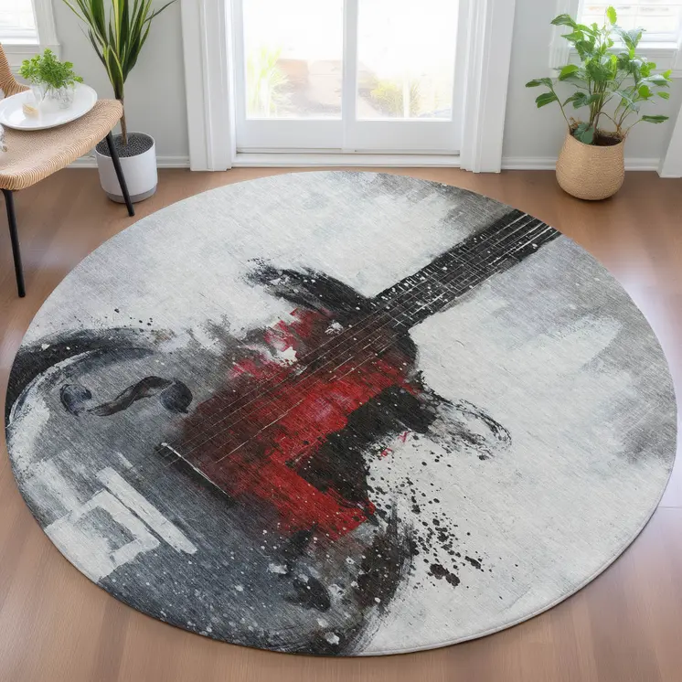 8' Gray Charcoal And Red Round Abstract Washable Indoor Outdoor Area Rug