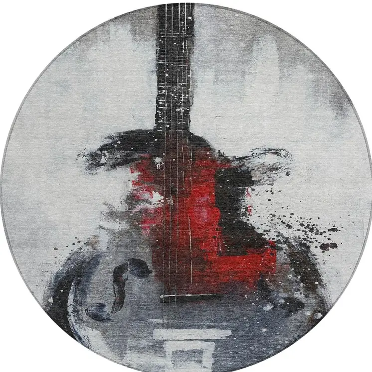8' Gray Charcoal And Red Round Abstract Washable Indoor Outdoor Area Rug