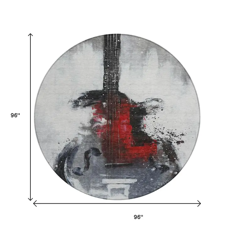 8' Gray Charcoal And Red Round Abstract Washable Indoor Outdoor Area Rug