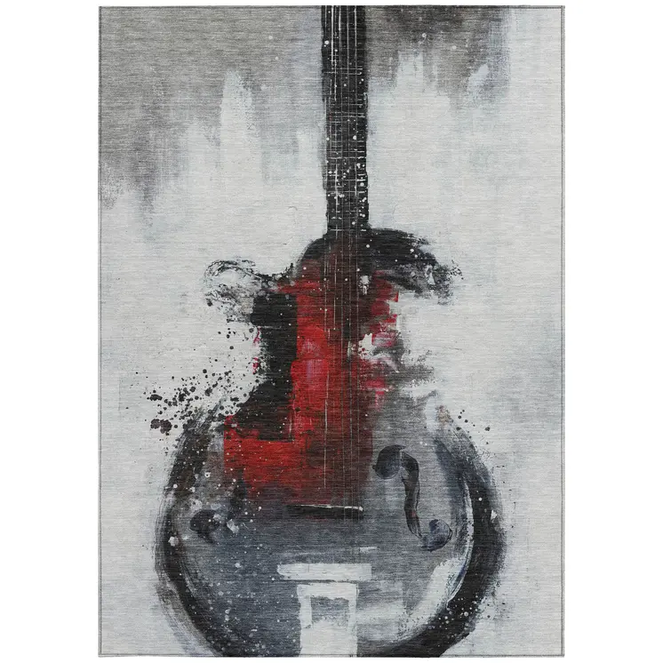8' X 10' Gray Charcoal And Red Abstract Washable Indoor Outdoor Area Rug