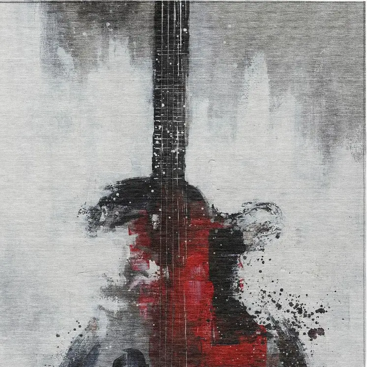 9' X 12' Gray Charcoal And Red Abstract Washable Indoor Outdoor Area Rug