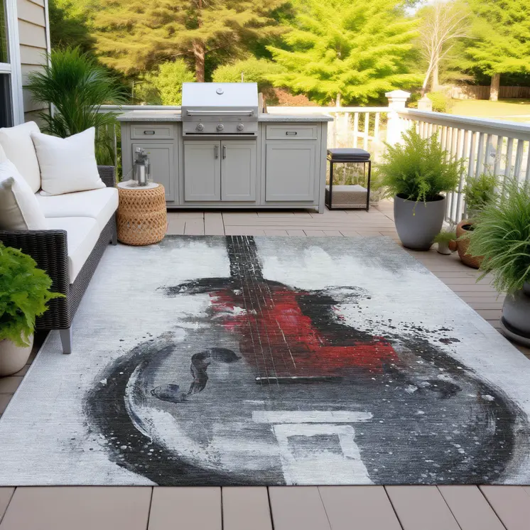 9' X 12' Gray Charcoal And Red Abstract Washable Indoor Outdoor Area Rug