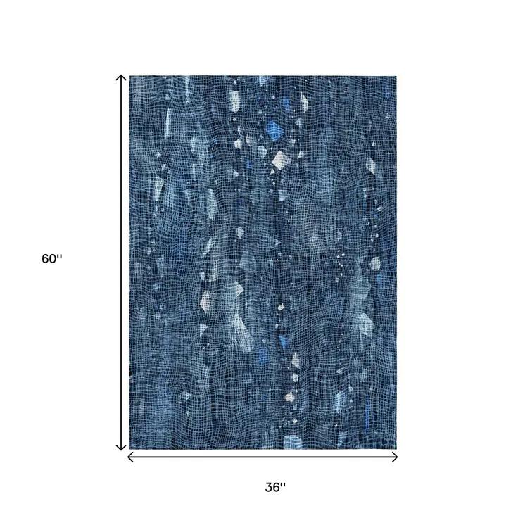 3' X 5' Blue And Ivory Abstract Washable Indoor Outdoor Area Rug
