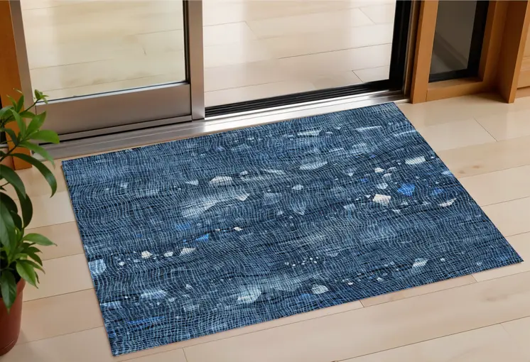 3' X 5' Blue And Ivory Abstract Washable Indoor Outdoor Area Rug