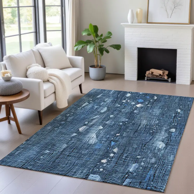 5' X 8' Blue And Ivory Abstract Washable Indoor Outdoor Area Rug