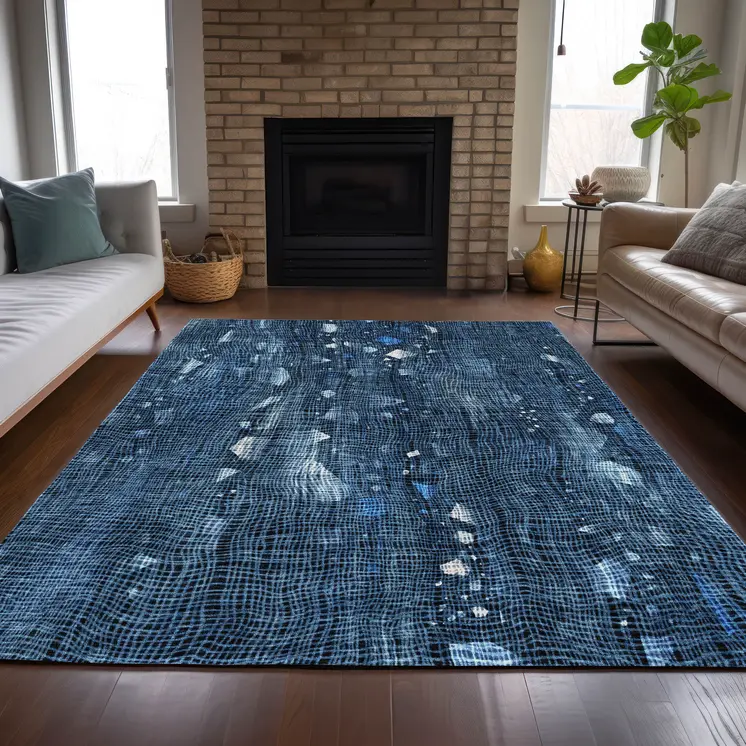 5' X 8' Blue And Ivory Abstract Washable Indoor Outdoor Area Rug