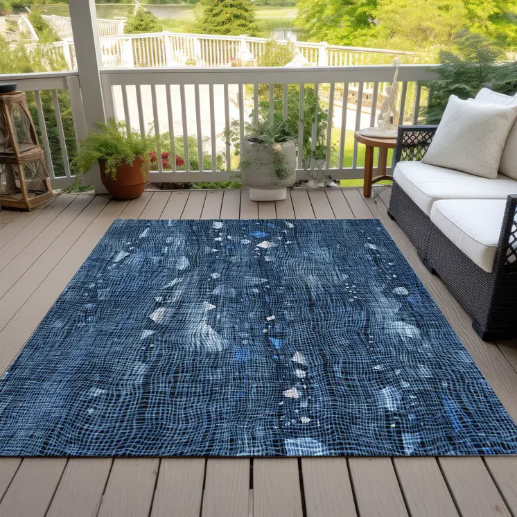5' X 8' Blue And Ivory Abstract Washable Indoor Outdoor Area Rug