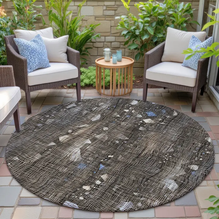 8' Chocolate And Beige Round Abstract Washable Indoor Outdoor Area Rug