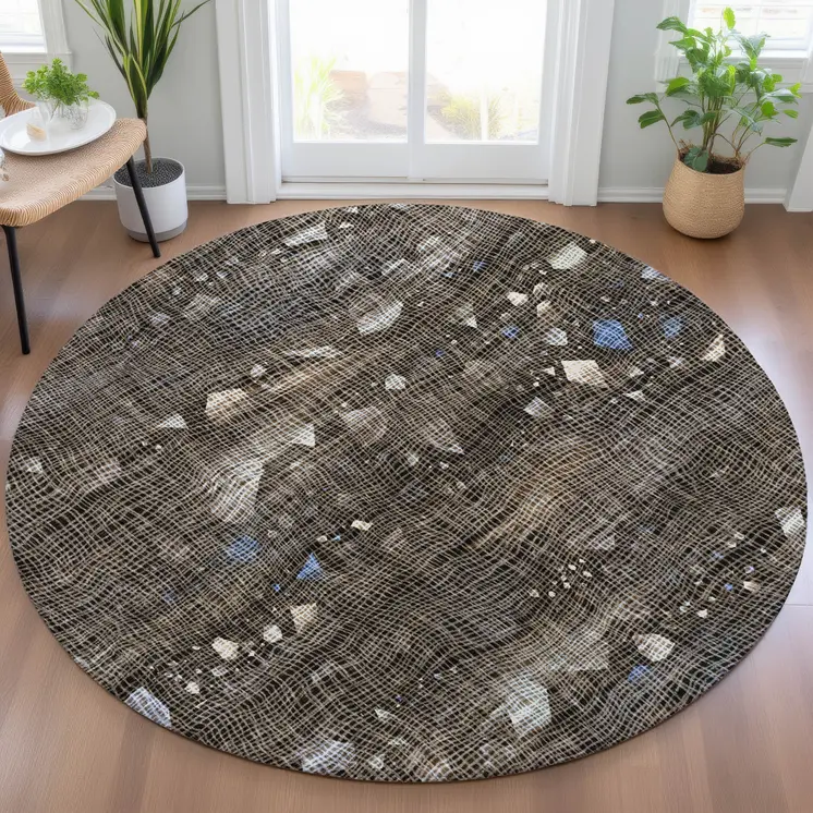 8' Chocolate And Beige Round Abstract Washable Indoor Outdoor Area Rug