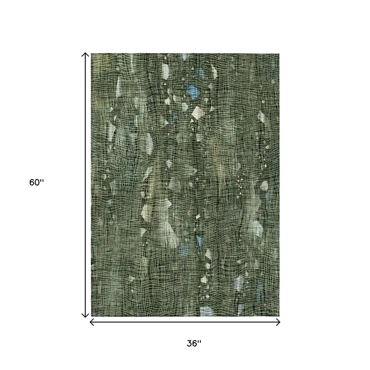 3' X 5' Fern Green And Beige Abstract Washable Indoor Outdoor Area Rug