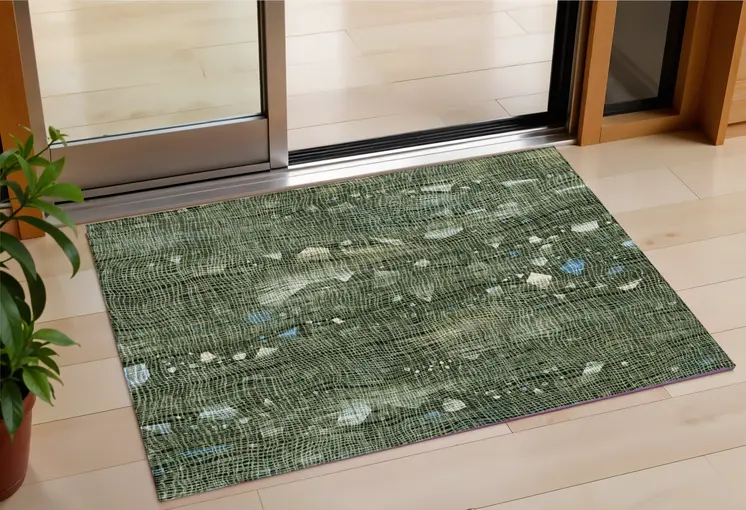 3' X 5' Fern Green And Beige Abstract Washable Indoor Outdoor Area Rug