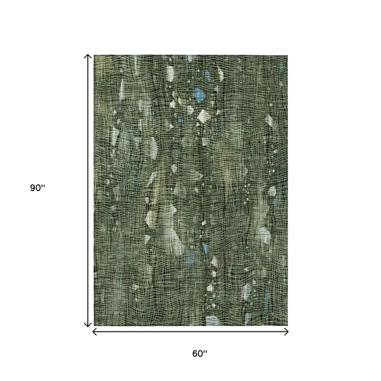 5' X 8' Fern Green And Beige Abstract Washable Indoor Outdoor Area Rug