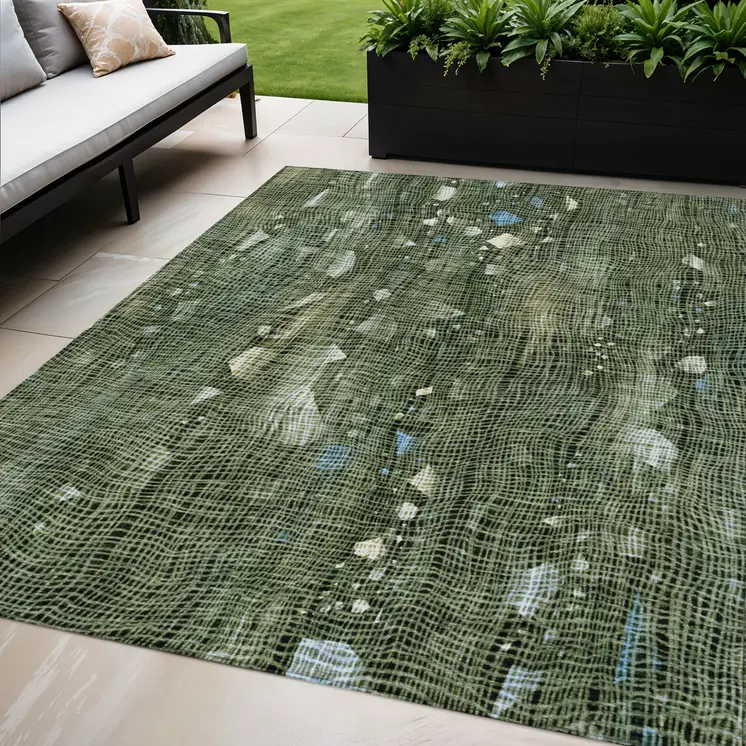 5' X 8' Fern Green And Beige Abstract Washable Indoor Outdoor Area Rug